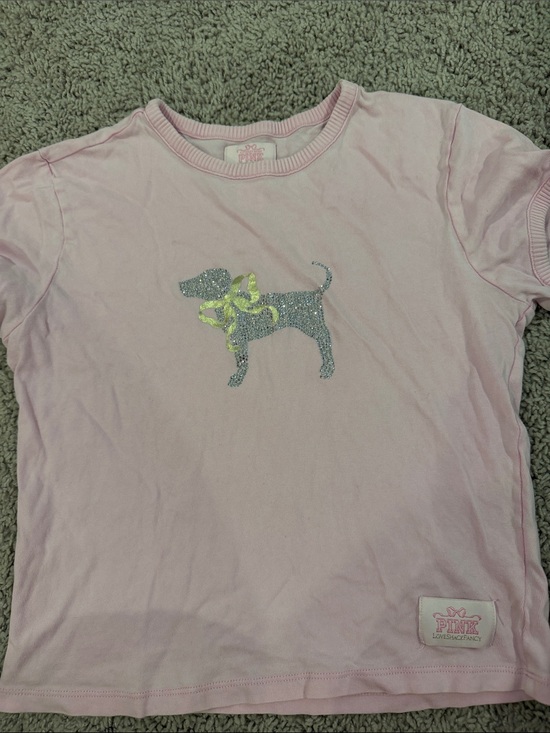 LoveShackFancy Tops - LoveShackFancy Pink Short Sleeve Tee with Glitter Dog and Yellow Bow